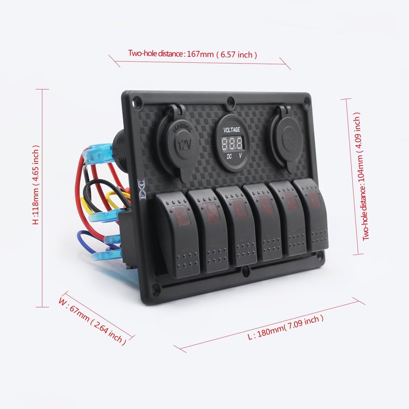 FXC Waterproof Marine Boat Rocker Switch Panel 6 Gang with Dual USB Slot Socket + Cigarette Lighter + Digital Voltage Display LED Light for Car Rv Vehicles Truck (6 Gang Red Light) - Image 5